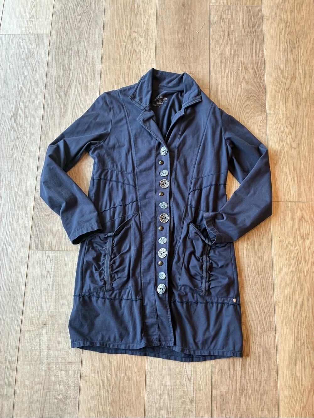 Neon Buddha Long Navy Button-Front Jacket Womens Medium Unique Pockets Active